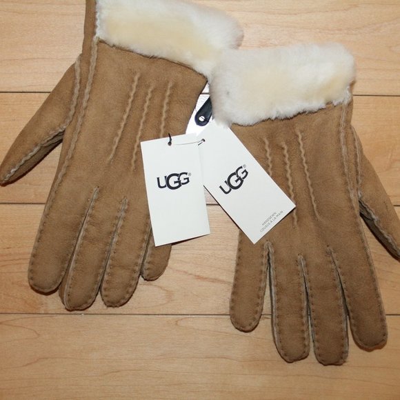 UGG WOMEN'S SUEDE SHEARLING GLOVES‎ NEW CHESTNUT - Picture 1 of 4
